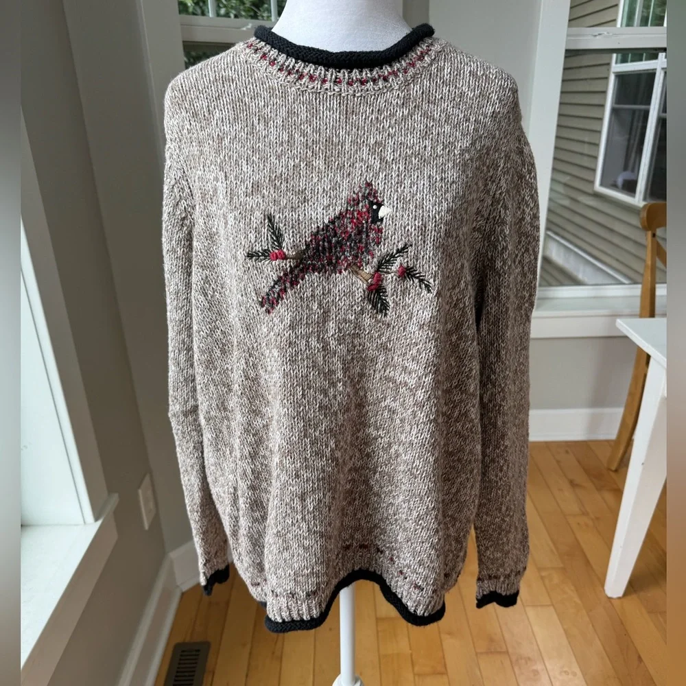 Vintage C.J. Banks Heather Brown Black Red Hand Embroidered Cardinal Sweater X